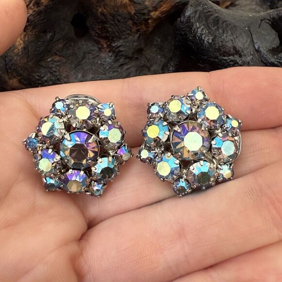 Vintage Aurora Borealis AB Rhinestone Clip Earrings Blue Flower Cluster Star - Picture 4 of 9
